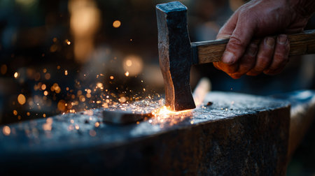 Hammer strikes metal at forge creating sparks during blacksmithing demonstrationの素材
