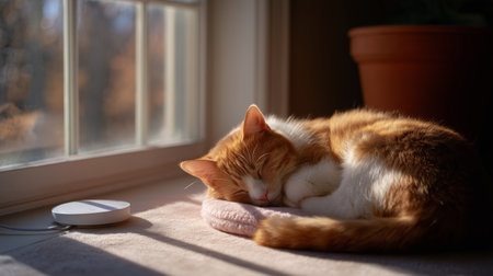 Cat peacefully sleeping on a soft bed by the window in warm sunlightの素材