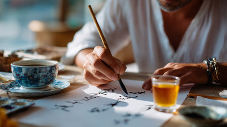 Man practices calligraphy while enjoying tea in a cozy, sunlit spaceの素材