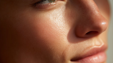 Close-up view of a personâs smooth skin with natural light enhancing featuresの素材
