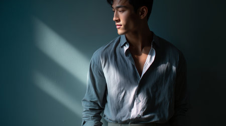 Male model posing gracefully in soft light against a blue wall indoorsの素材