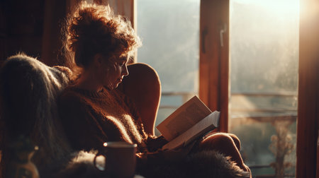 Cozy afternoon reading by the window in soft lightの素材