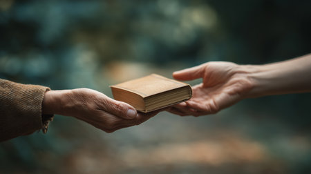 Hands exchanging a book in a serene outdoor setting during daylightの素材