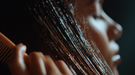 Close up of a person brushing wet hair in warm lighting capturing texture and shineの素材