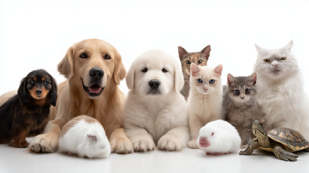 Collection of adorable pets gathered together on a white background in a playful settingの素材