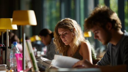 Students studying in a bright space with warm lighting during afternoon hoursの素材
