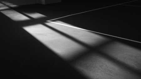 Shadows create patterns on the floor in a quiet indoor space during late afternoonの素材