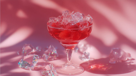 Refreshing cocktail with ice and fresh fruit in a stylish glass against a vibrant backdropの素材