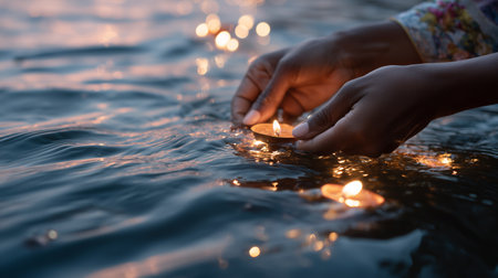 Hands placing floating candles on calm water during twilight celebrationの素材