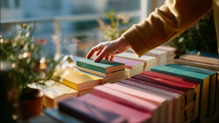 Choosing a book from a colorful collection on a sunny afternoonの素材