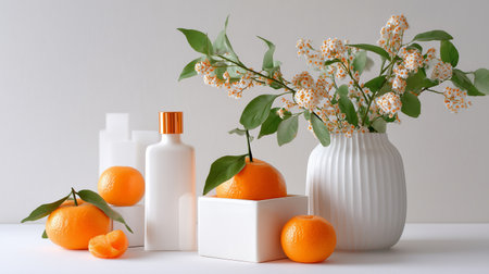 Bright citrus and floral arrangement on a minimalist tabletop in natural lightの素材