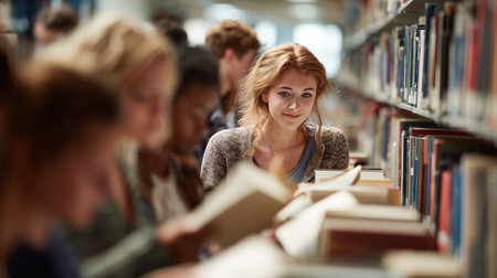 Young woman reading in a busy library surrounded by fellow students in the afternoonの素材