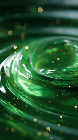 Swirling green liquid with golden sparkles creating a mesmerizing effectの素材