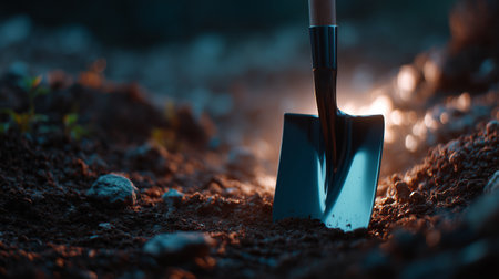 Shovel digging into dark soil with glowing light in a serene outdoor settingの素材