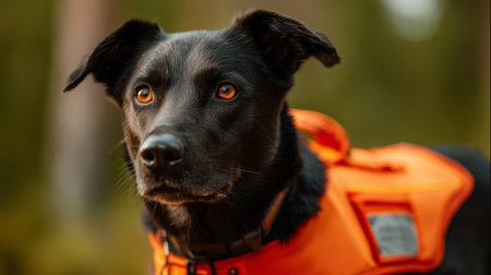 Rescue dog in bright orange vest stands alert in forest during daylight hoursの素材