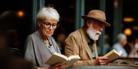 Older couple enjoying quiet reading time at a cozy cafe on a warm afternoonの素材