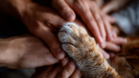 Families connect with a cat through gentle touch during a sunny afternoon at homeの素材