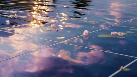 Water lilies float on a tranquil pond reflecting a colorful sunset on serene tilesの素材