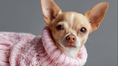 Cute chihuahua in a pink sweater posing for a cozy indoor portraitの素材