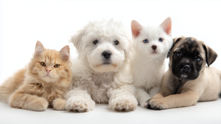Cute pets relax together for a group portrait with a playful atmosphere indoorsの素材