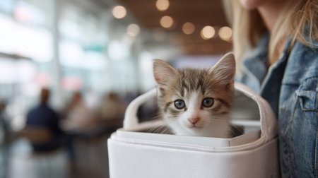 Cute kitten peeking out of carrier in busy indoor cafe during afternoonの素材