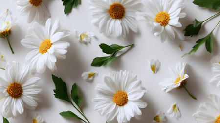 Beautiful white daisies scattered on a light background in a peaceful arrangementの素材