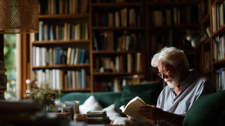 Elderly man reading a book in a cozy library with shelves full of booksの素材