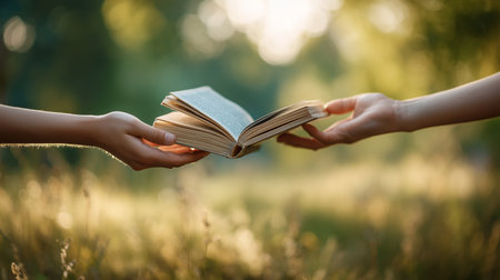 Hands exchanging a book in a sunlit park during a peaceful afternoonの素材