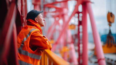 Man in safety gear gazes thoughtfully from crane platform at port under overcast skyの素材