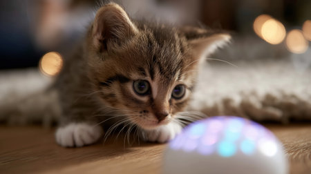 Curious kitten plays with glowing toy in a cozy living room setting during eveningの素材