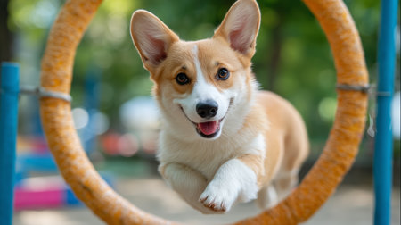 Corgi jumps through a colorful hoop at a dog training park during a sunny dayの素材