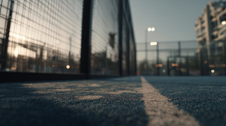 Colorful tennis court at sunset with net and city buildings in the backgroundの素材