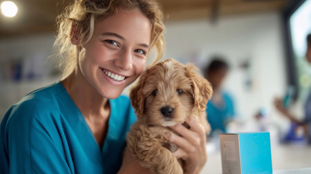 Smiling veterinarian holds a cute puppy in a bright clinic during afternoon hoursの素材