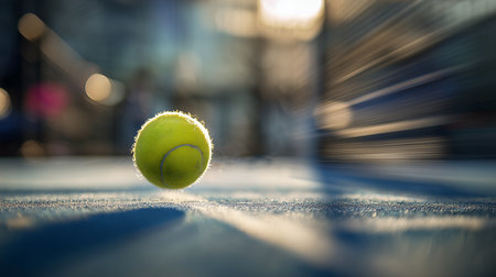 Tennis ball bouncing on blue court during sunny afternoon with blurred backgroundの素材