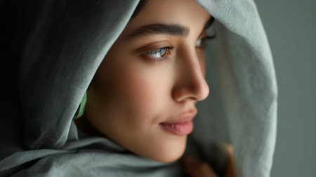Young woman with a serene expression wearing a gray headscarf in soft natural lightの素材