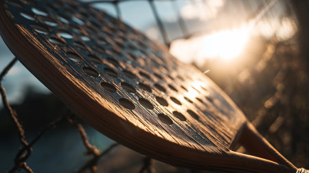 Wooden paddle rests against net during sunset by the waterの素材