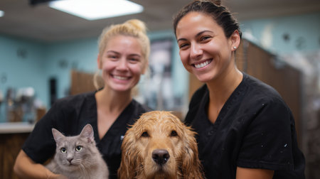 Veterinarians smiling with a dog and cat at an animal clinic during a sunny afternoonの素材