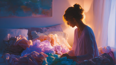 Woman organizing colorful clothes in a softly lit bedroom during the eveningの素材