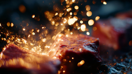 Juicy steak sizzling on hot grill with sparks flying during cooking sessionの素材