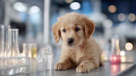 Golden retriever puppy rests on lab table surrounded by glassware and bright lightsの素材