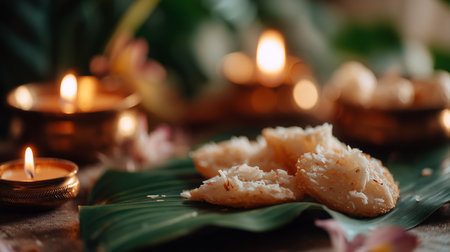 Homemade coconut sweets displayed on a banana leaf with candles in the backgroundの素材