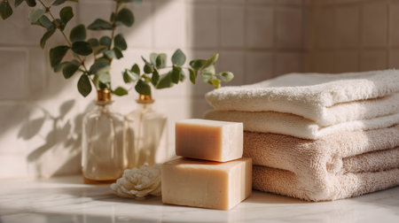 Soft towels and handmade soap displayed on a marble countertop in a serene bathroom settingの素材