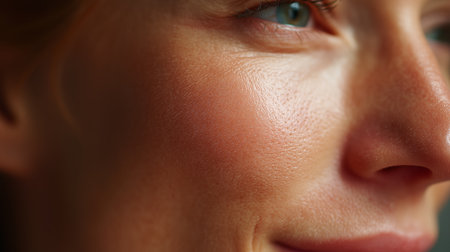 Close-up of a smiling woman showcasing glowing skin in natural light during daytimeの素材