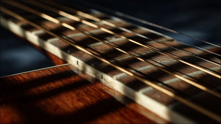 Close-up view of guitar strings and fretboard with shadows in natural lightの素材