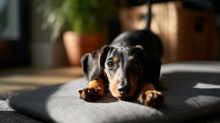 Playful dachshund relaxing on a cozy mat in a sunlit room during the afternoonの素材