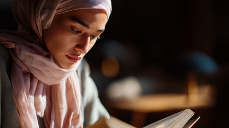 Young woman reading a book indoors during the afternoon light in a cozy settingの素材