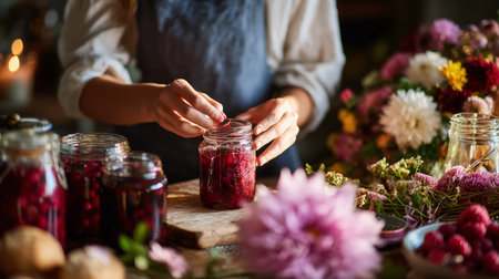 Preparing homemade jam in a cozy kitchen with fresh fruits and flowersの素材