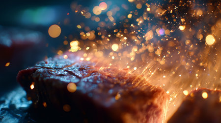 Cooking steak over hot coals with sparks flying in the evening lightの素材
