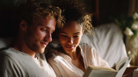 Couple sharing a reading moment at home during a cozy eveningの素材