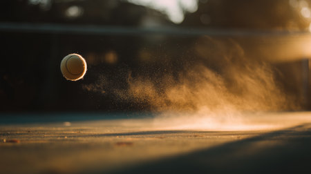 Tennis ball bouncing in the sunlight on a court during a warm eveningの素材
